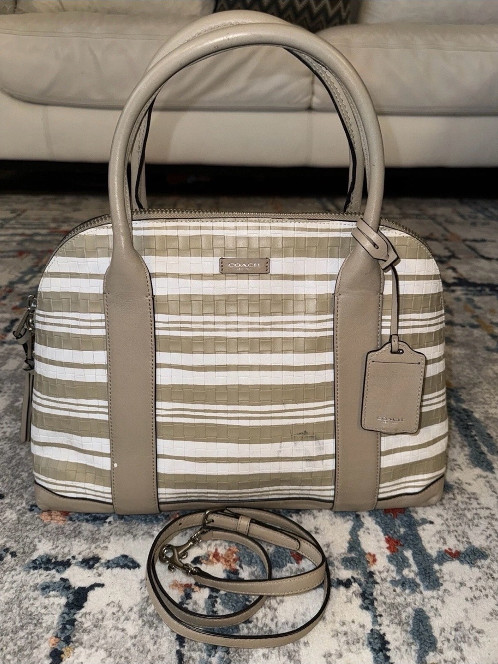COACH Taupe & White Striped Leather-Trim Satchel